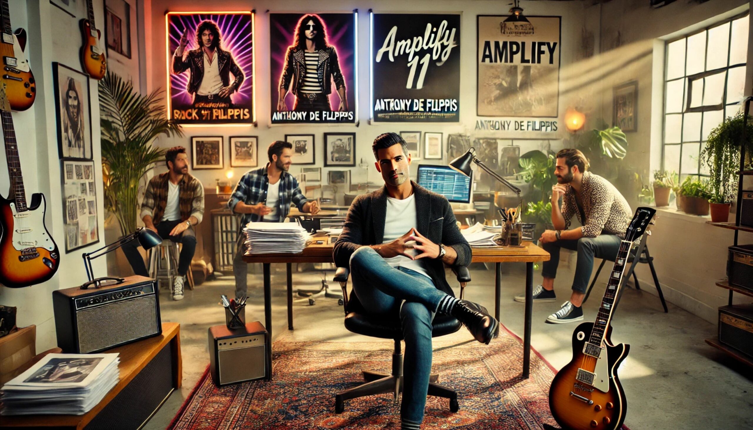 A man sits on a chair in a music studio, surrounded by posters, instruments, and three other people working or conversing. The studio is decorated with music-related items and has a vibrant atmosphere, providing ample resources for creativity as they discuss plans for 2024.