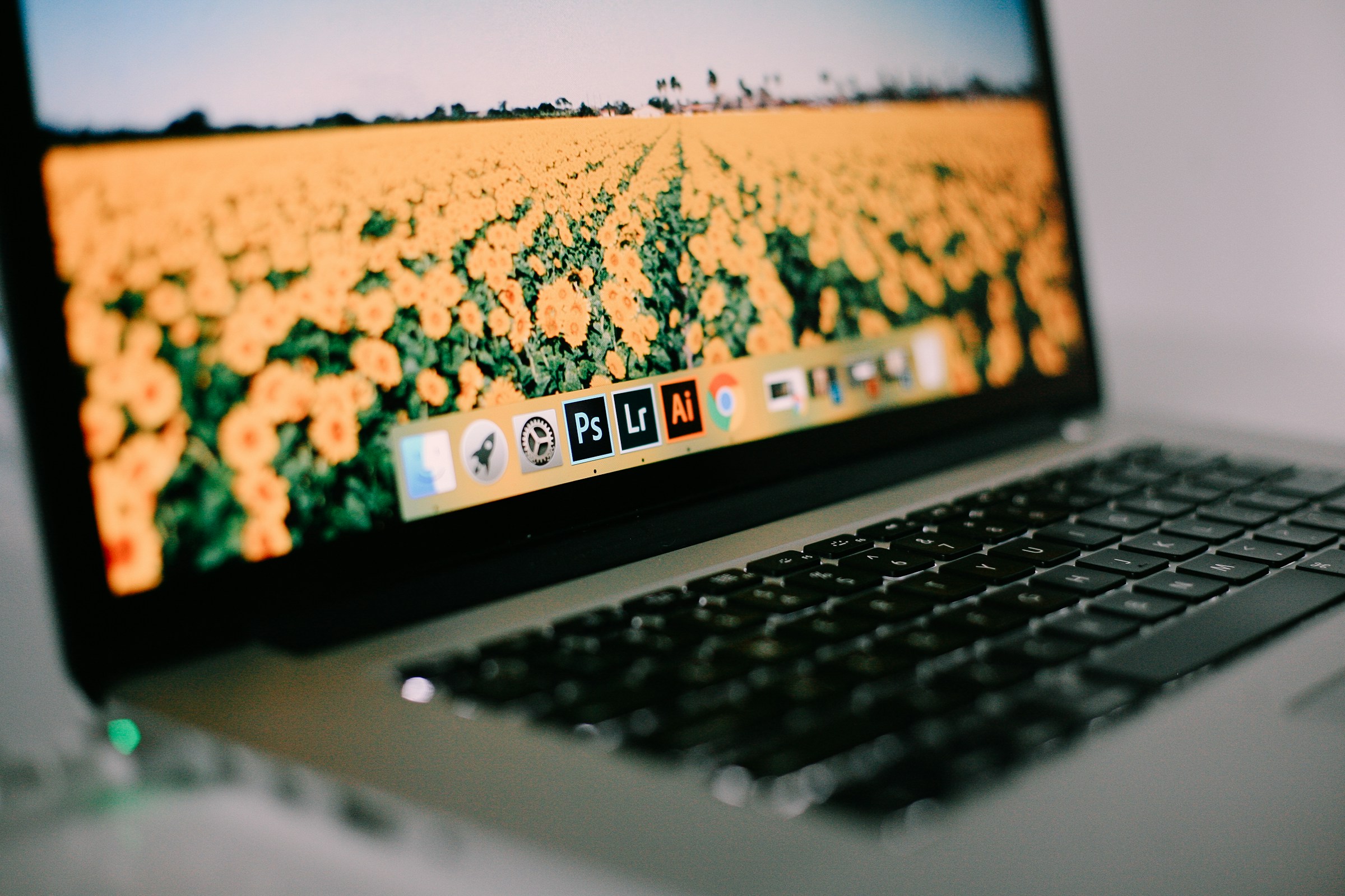 Close-up of a laptop with a vibrant field of yellow flowers on the screen. The dock features application icons like Photoshop and Illustrator, hinting at creative work. Ever wondered if subscriptions to tools like Adobe Creative Cloud are tax deductible in Australia?