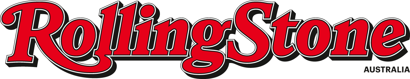 Rolling Stone logo in bold red lettering with black outline on a black background.