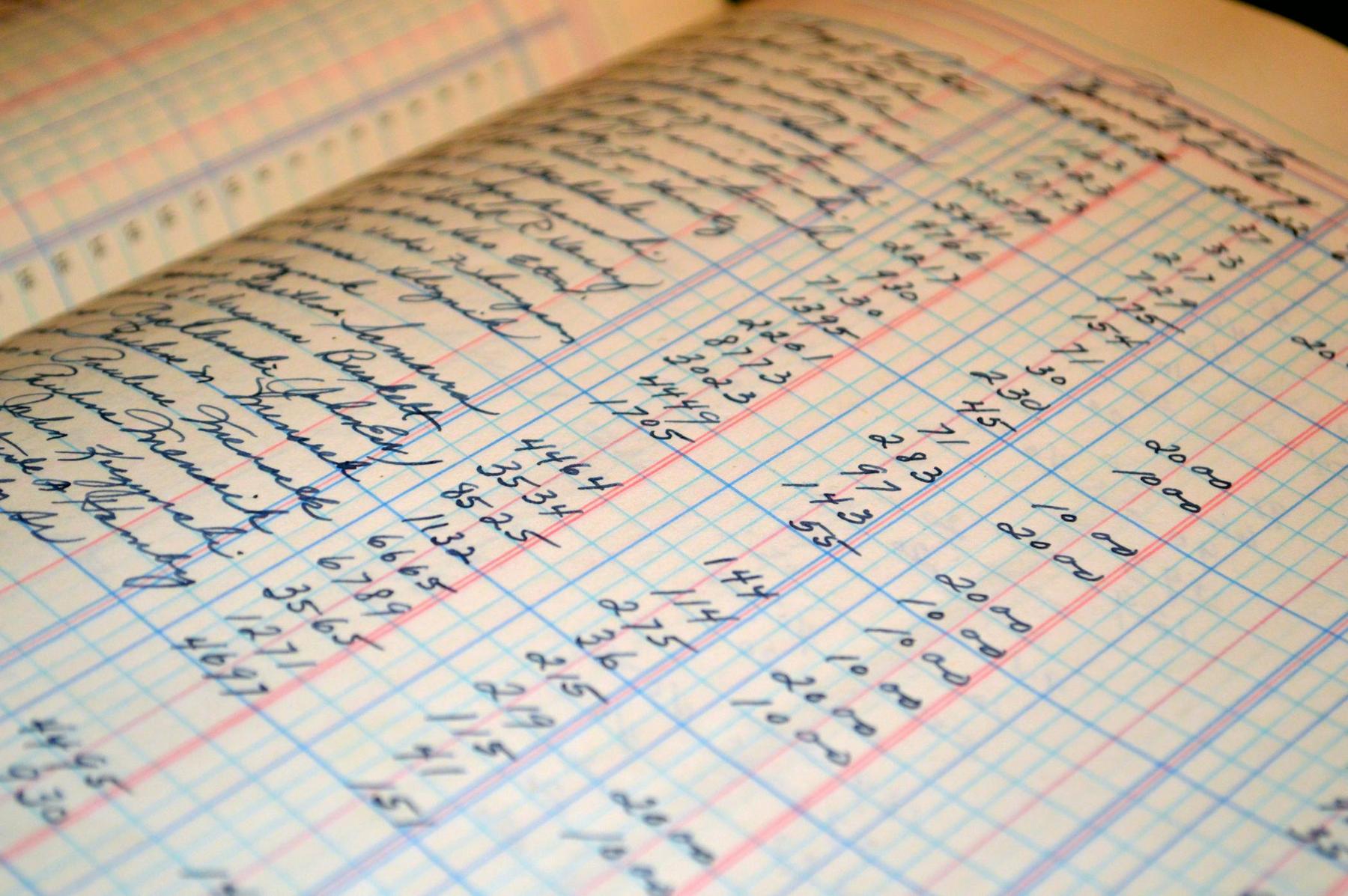 An open ledger book with handwritten financial entries and numbers organized in rows and columns on graph paper.