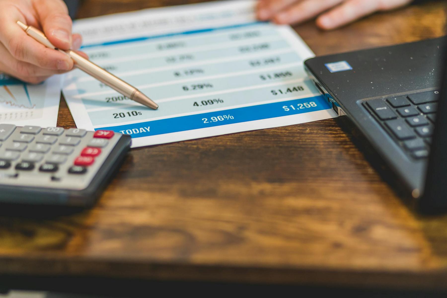 A person points at a financial chart on a table next to a calculator and a laptop.