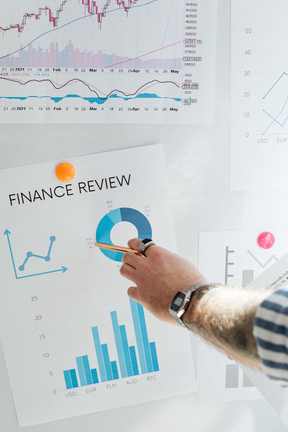 A person points at a blue and white pie chart on a finance review sheet with bar and line graphs, pinned on a whiteboard alongside other financial charts.
