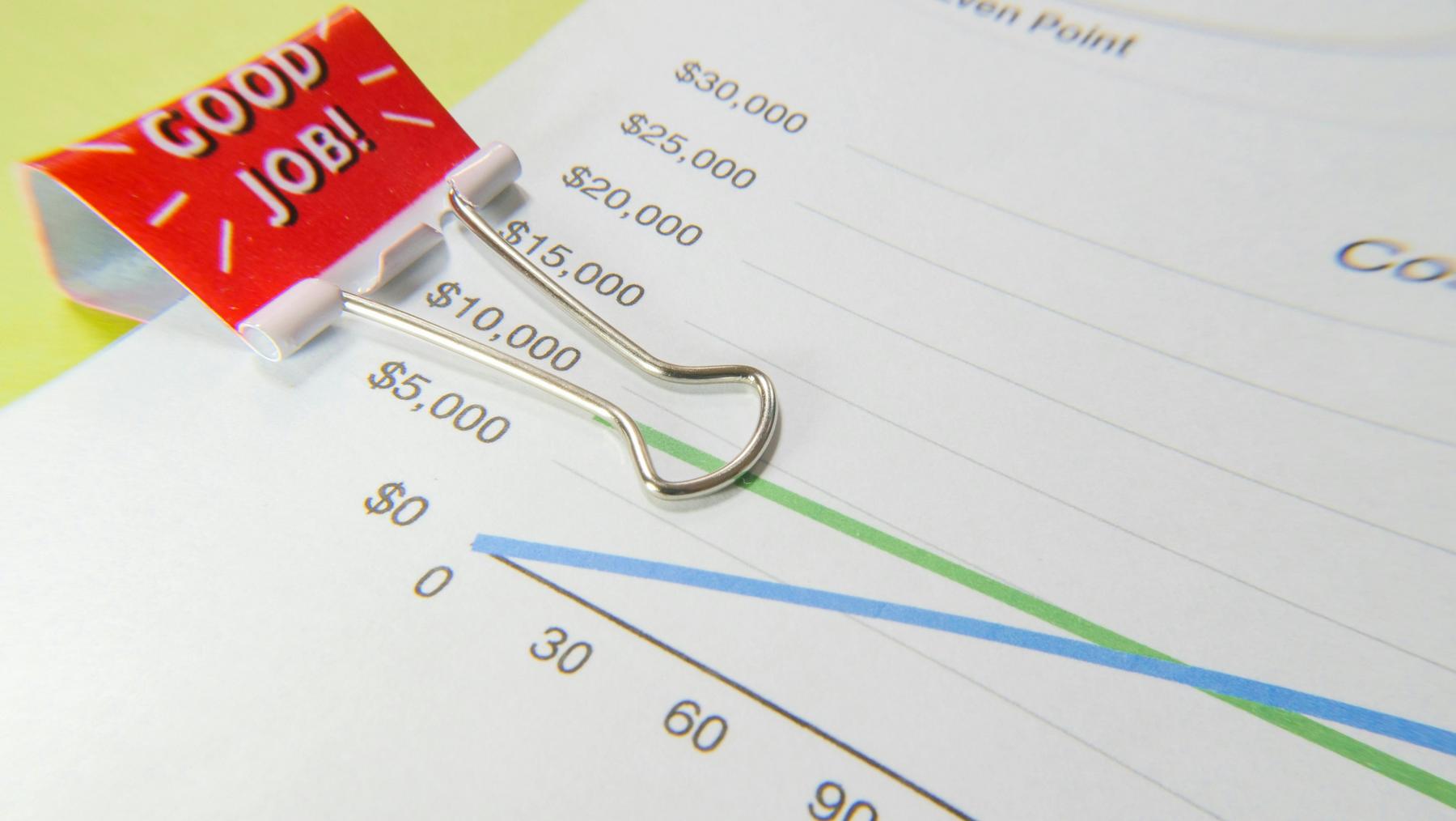 A binder clip labeled "GOOD JOB!" holds papers displaying a line graph with decreasing values and a vertical axis labeled with dollar amounts.