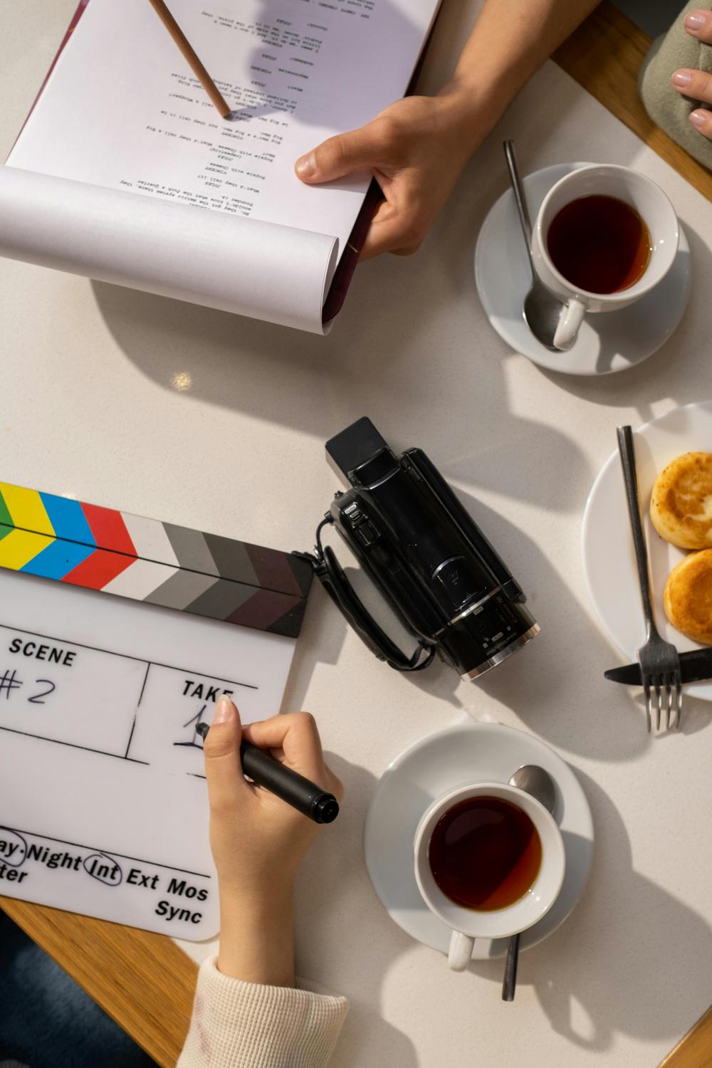 Two people review a script and use a clapperboard at a table with tea, pastries, and a video camera, suggesting a film production meeting.