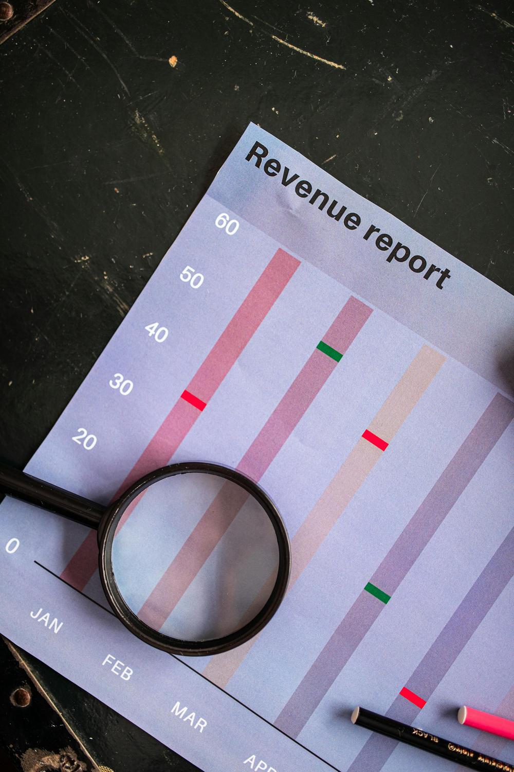 A magnifying glass rests on a printed revenue report chart with monthly bar graphs, colored markers, and two pencils nearby on a dark surface.