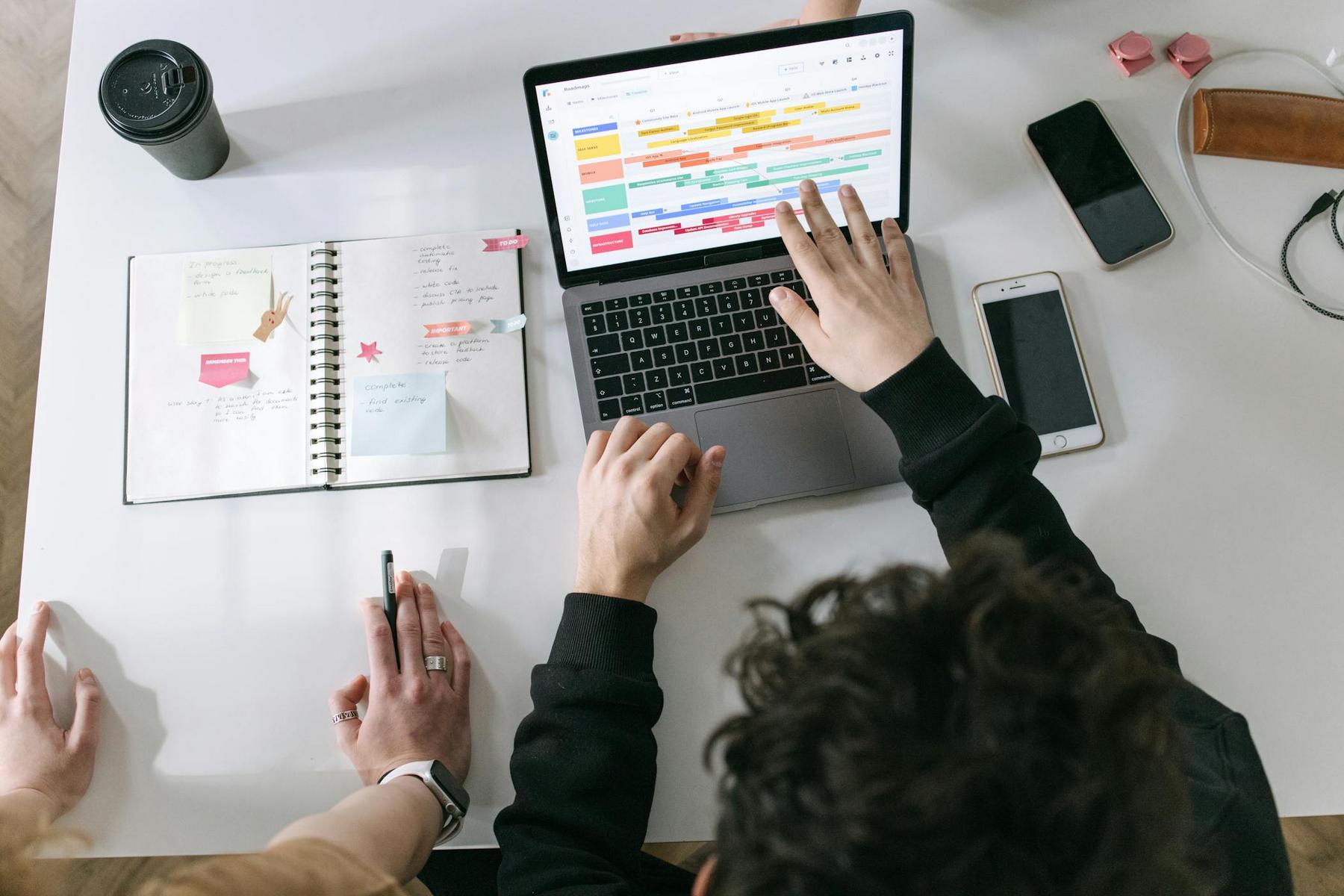 Two people work at a desk with a laptop displaying a color-coded calendar, a notebook with notes, smartphones, pens, and a takeaway coffee cup.