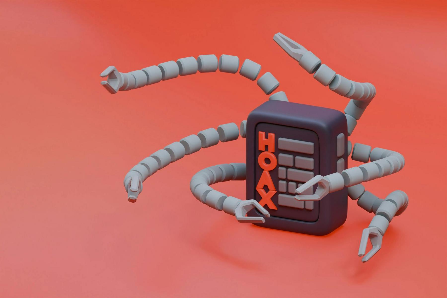 A robotic device with multiple flexible arms holds the word "HOAX" on its display, set against a red background.