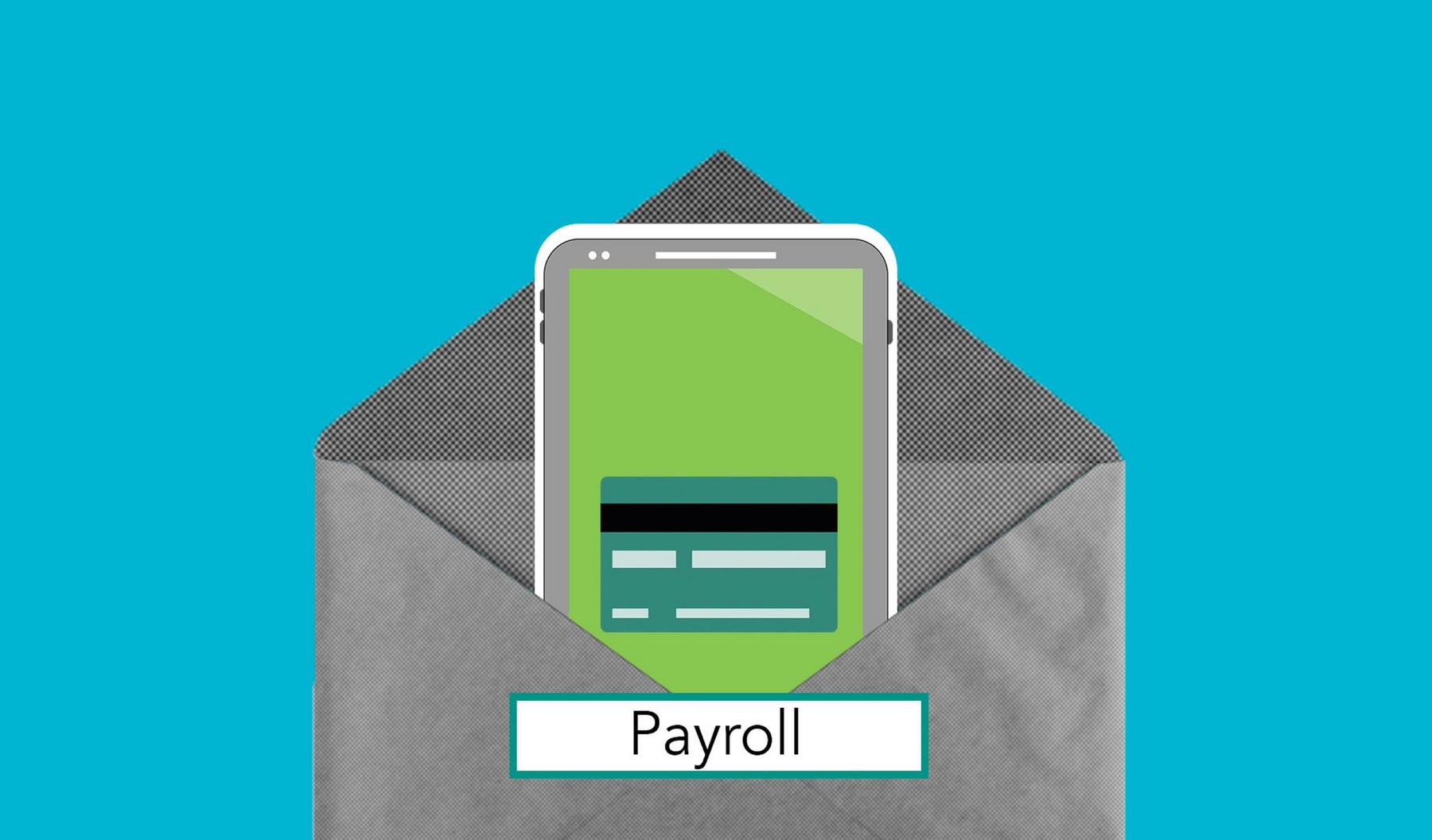 Gray envelope labeled "Payroll" with a smartphone displaying a credit card icon sticking out against a blue background.